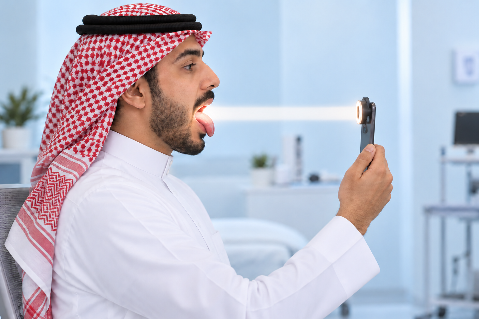 صورة توضيحية لشاب سعودي بشماغ أحمر، يجلس ورأسه مستقيم ويفتح فمه ويخرج لسانه مع وضع عدسة الكاميرا وضوء مستقيم بمستوى الفم